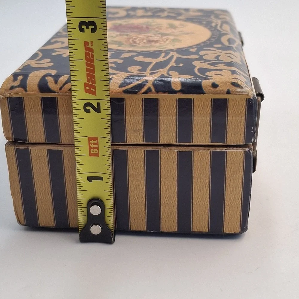 Vintage Small Wooden Jewelry Box Floral Rose Print Gold Foil Decoupage Latch